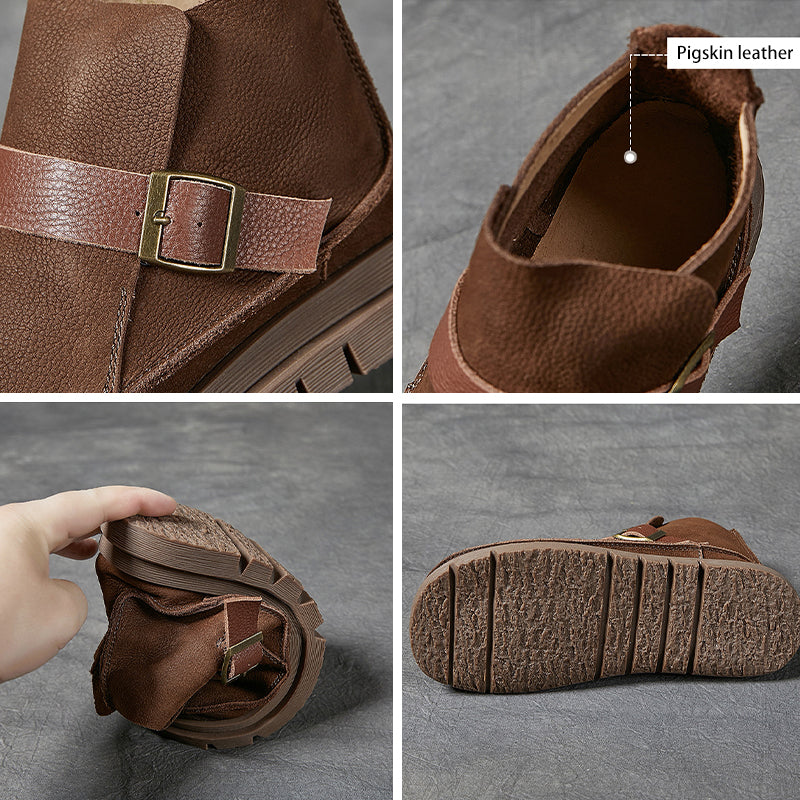 Mori Style Ankle Booties For Women Brush-Off Leather Buckle Boots in Coffee/Khaki