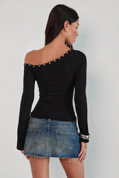 Studded Rhinestone One Shoulder Long Sleeve Top