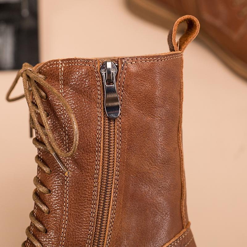 Full grain leather Combat Boots Designer Retro Chunky Buckle Boots Side Zip Brown/Black