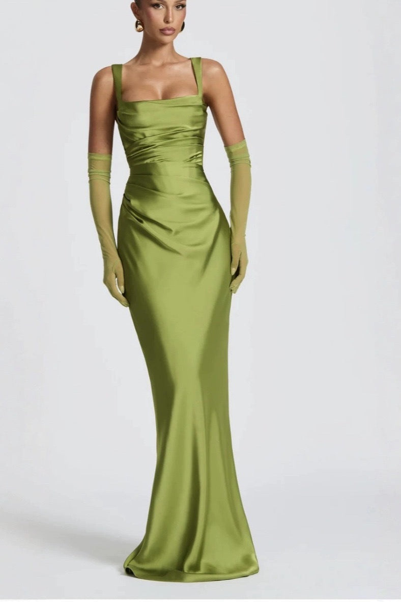 Satin Square Neck Ruched Slim Fit Maxi Prom Dress