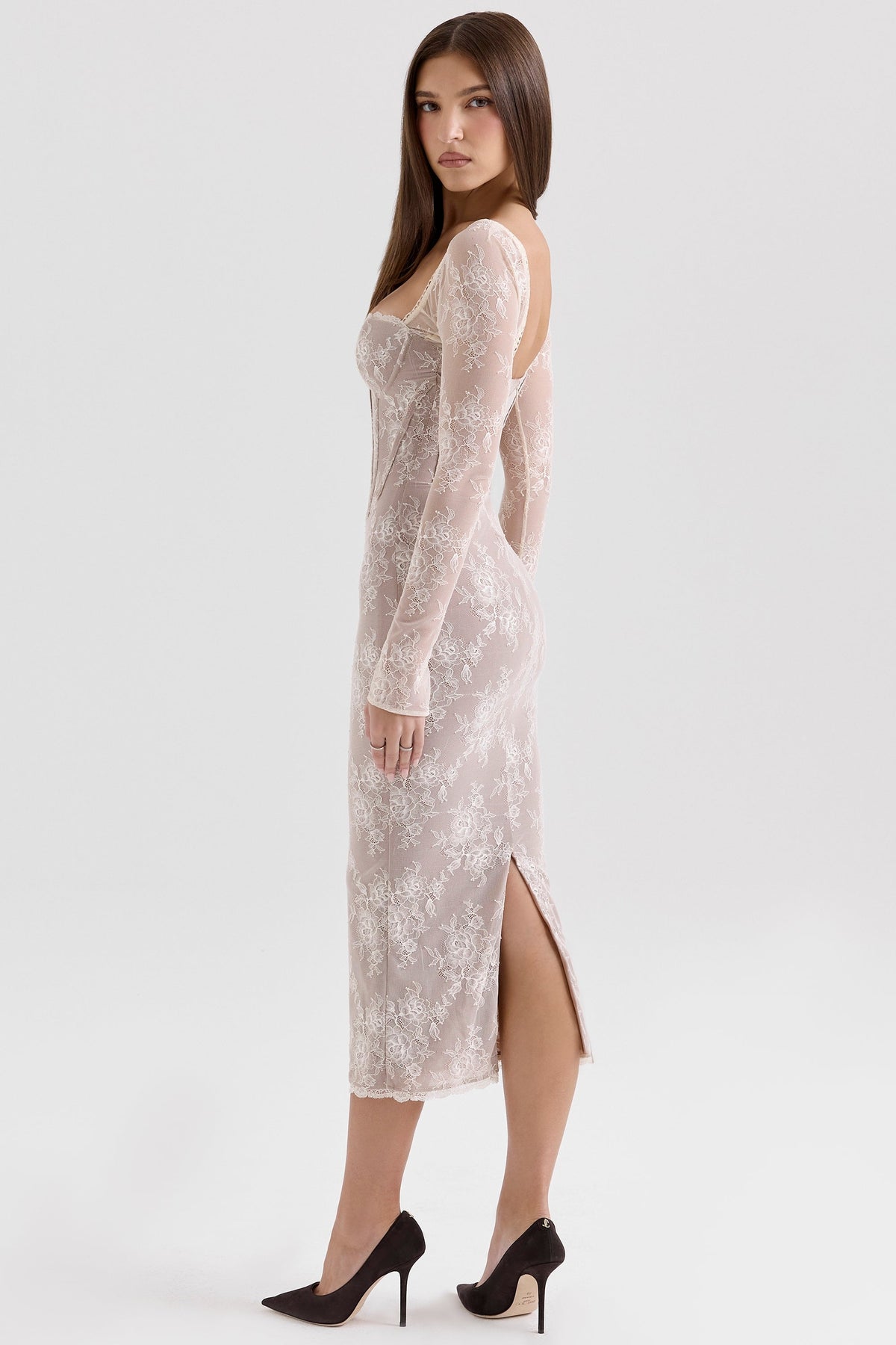 Floral Lace Corset Bodice Sweetheart Long Sleeve Midi Dress 6