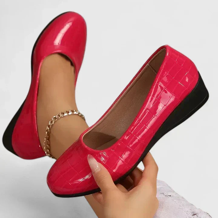 Croc Print Square Toe Slip On Wedge Pumps