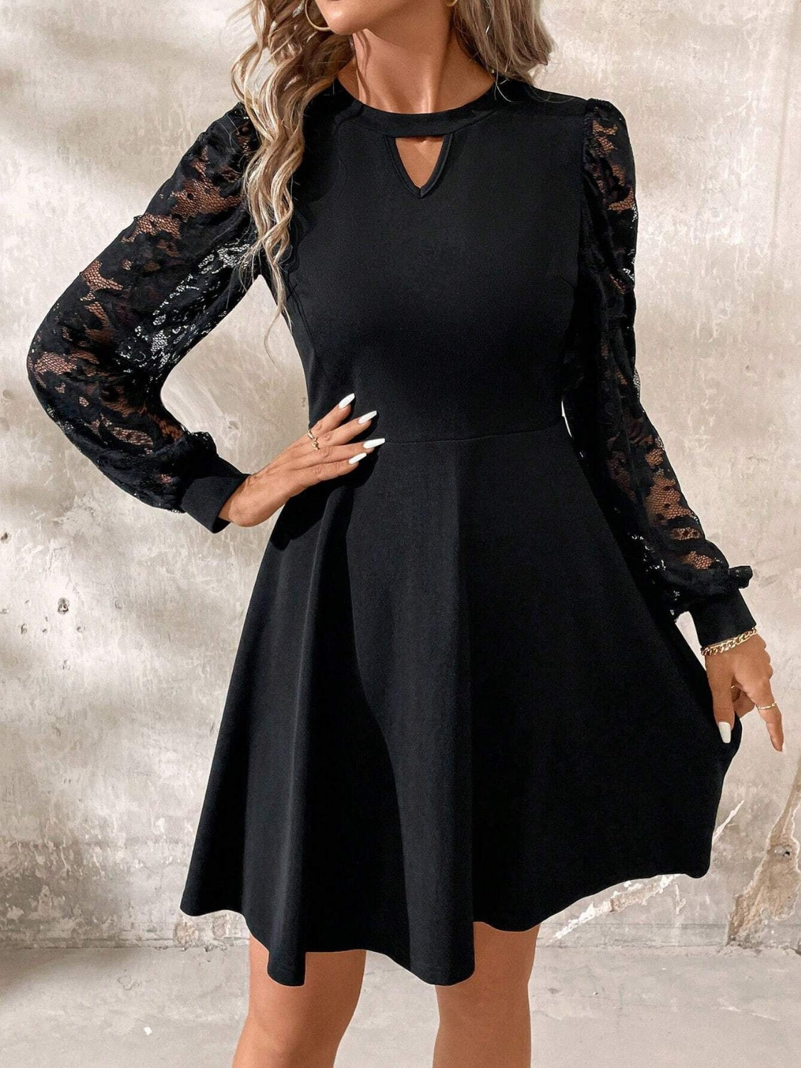 Keyhole Neck Lace Lantern Sleeve Fit and Flare Mini Dress 6