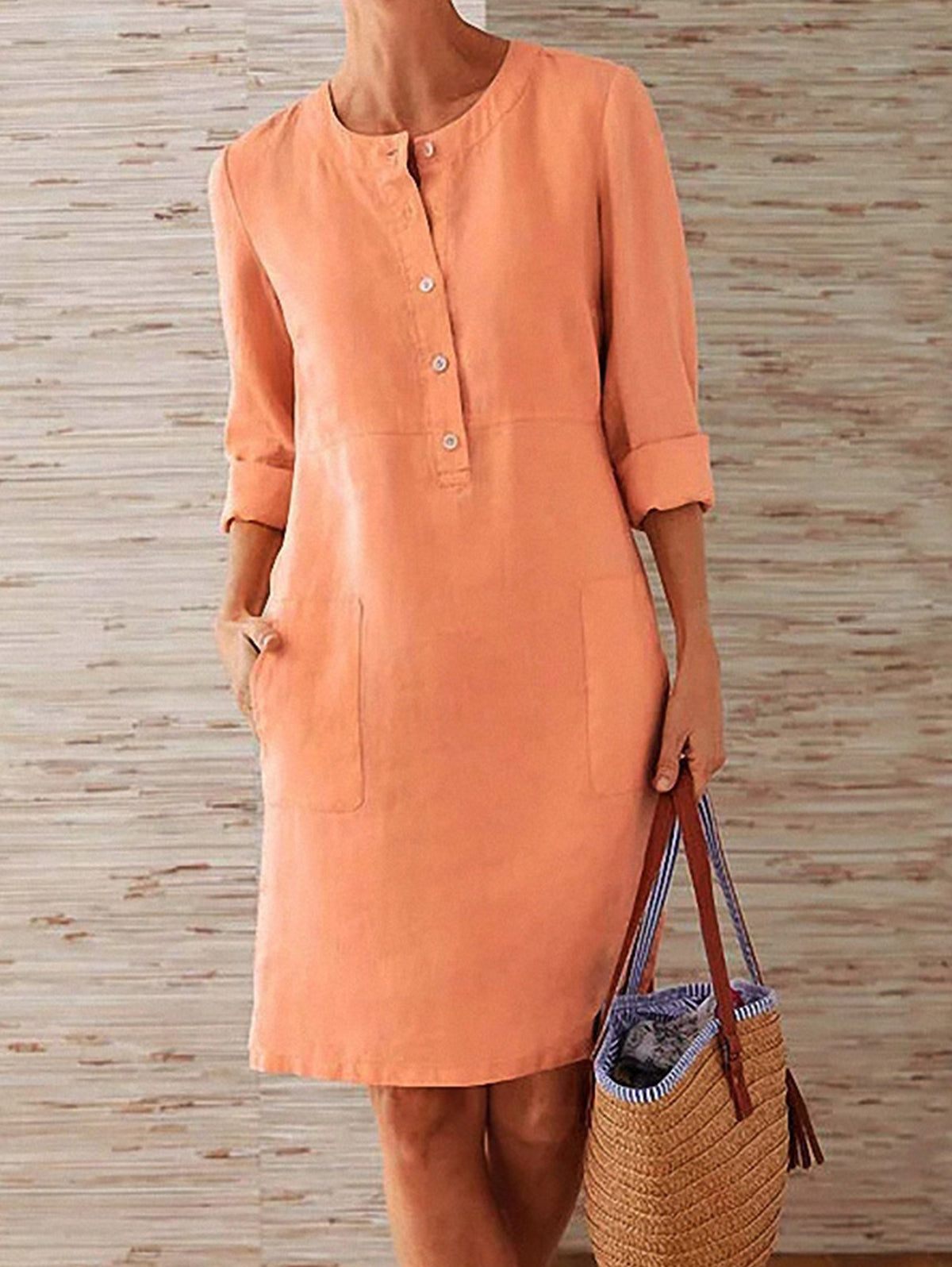 Button Front Round Neck Patch Pocket Three Quarter Sleeve Linen Look Shift Dress