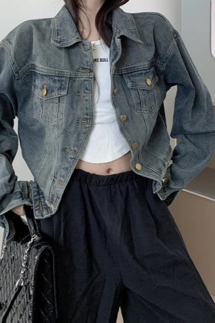 Cropped Solid Denim Jacket