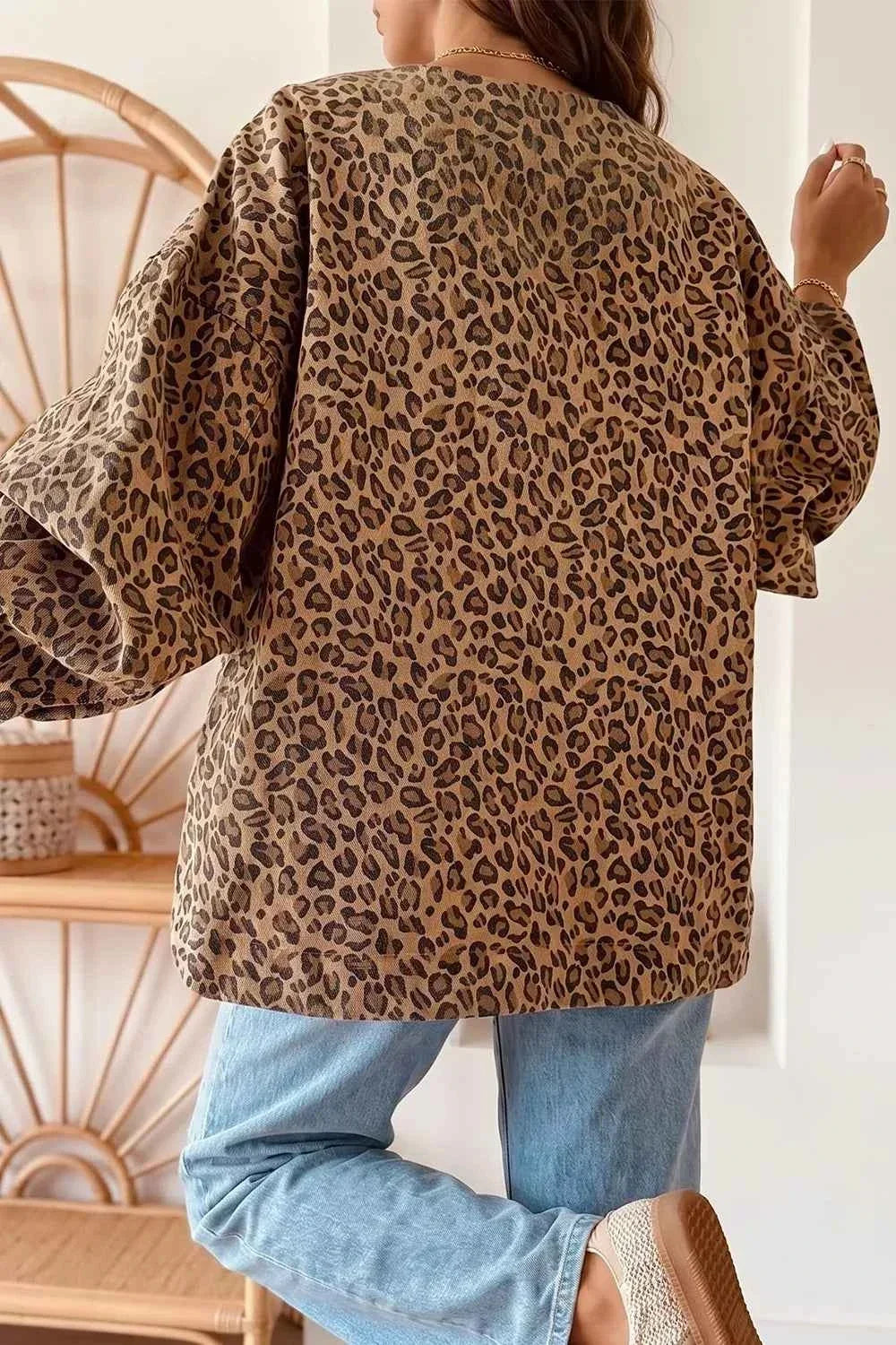 Leopard Print Button Front Flap Pocket Oversized Denim Jacket 2