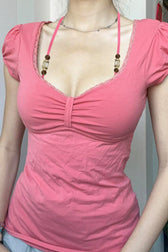 Beaded Plunging V Neck T-Shirt