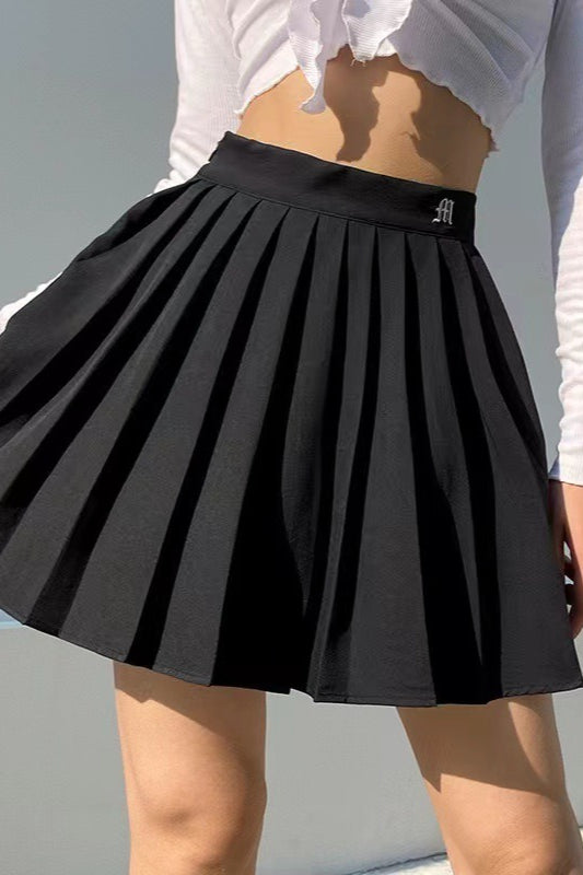 High-Waist Pleated Denim Mini Skort