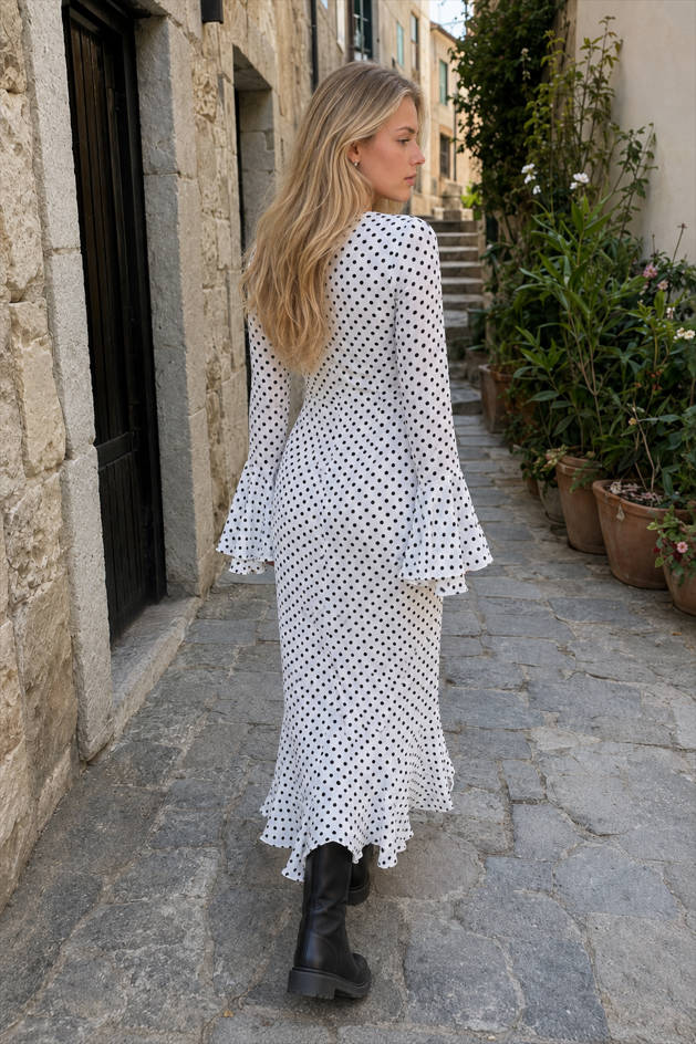 Polka Dot V-Neck High Split Bodycon Maxi Dress