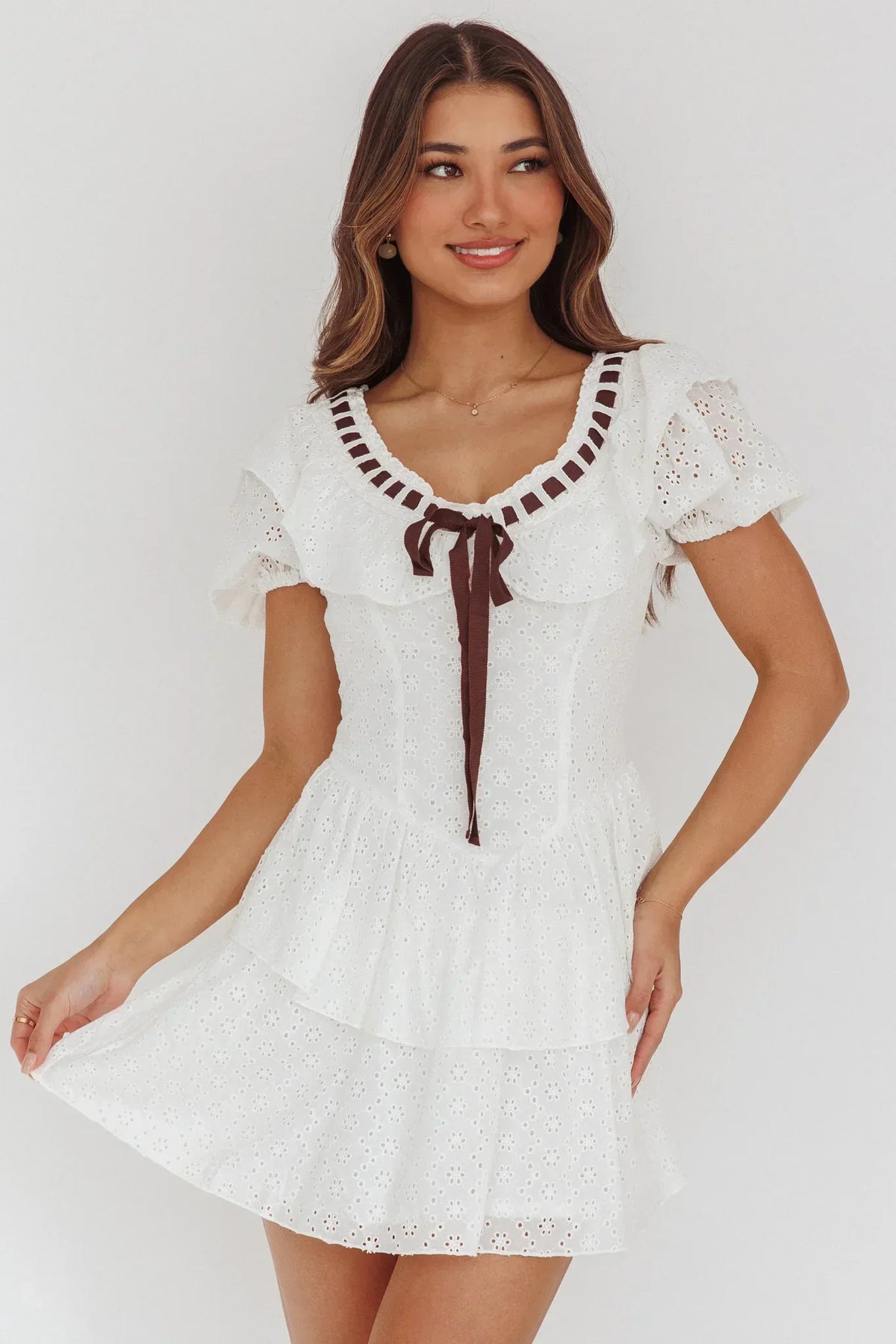 Rayelle Puff Sleeve Ruffle Eyelet Embroidery Mini Dress White