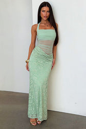 Halter Lace Low-Cut Backless Mesh Cutout Lace Dress