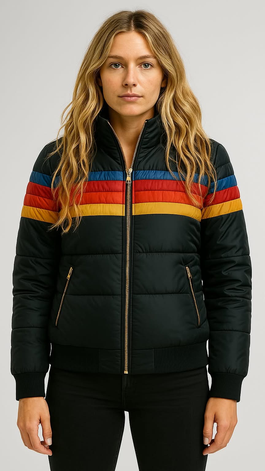Hooded Striped Zip Front Puffer Jacket