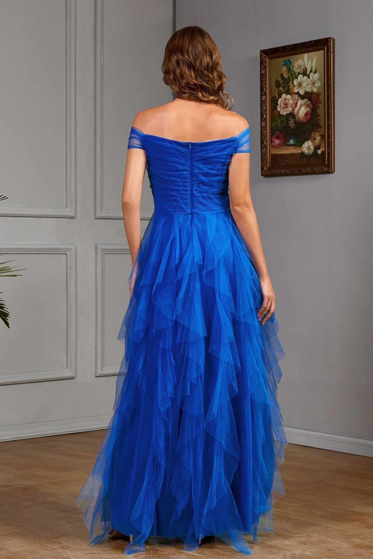 Off Shoulder Sweetheart Ruched Tiered Tulle A-Line Maxi Gown