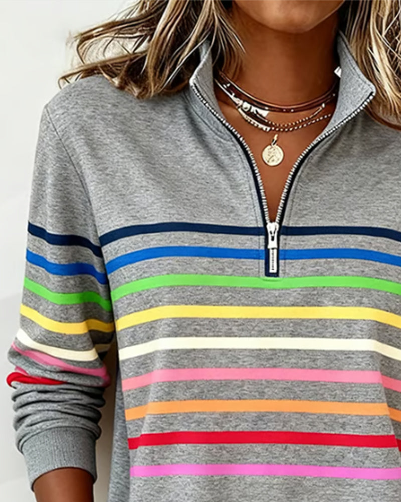 Striped Quarter Zip Mock Neck Long Sleeve Sweatshirt