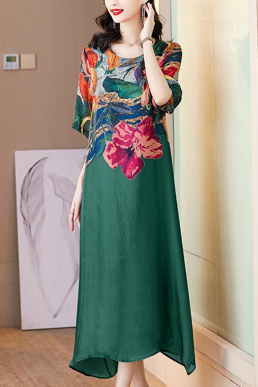 Floral Print Color Block Short Sleeve Loose Midi Dress