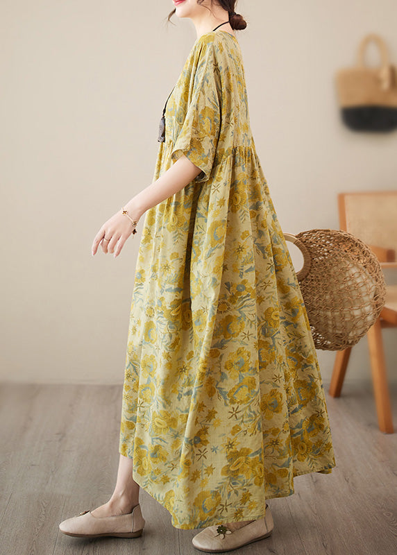 Floral Print Round Neck Dropped Shoulder Elbow Sleeve Empire Waist Pleated Maxi Summer Dress