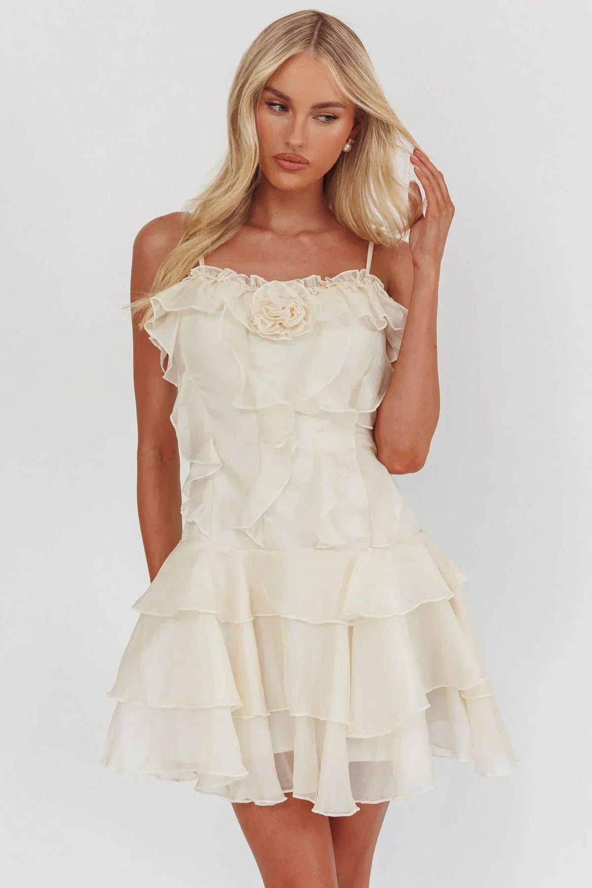 Rosette Ruffle Trim Cami Tiered Chiffon Mini Dress 5