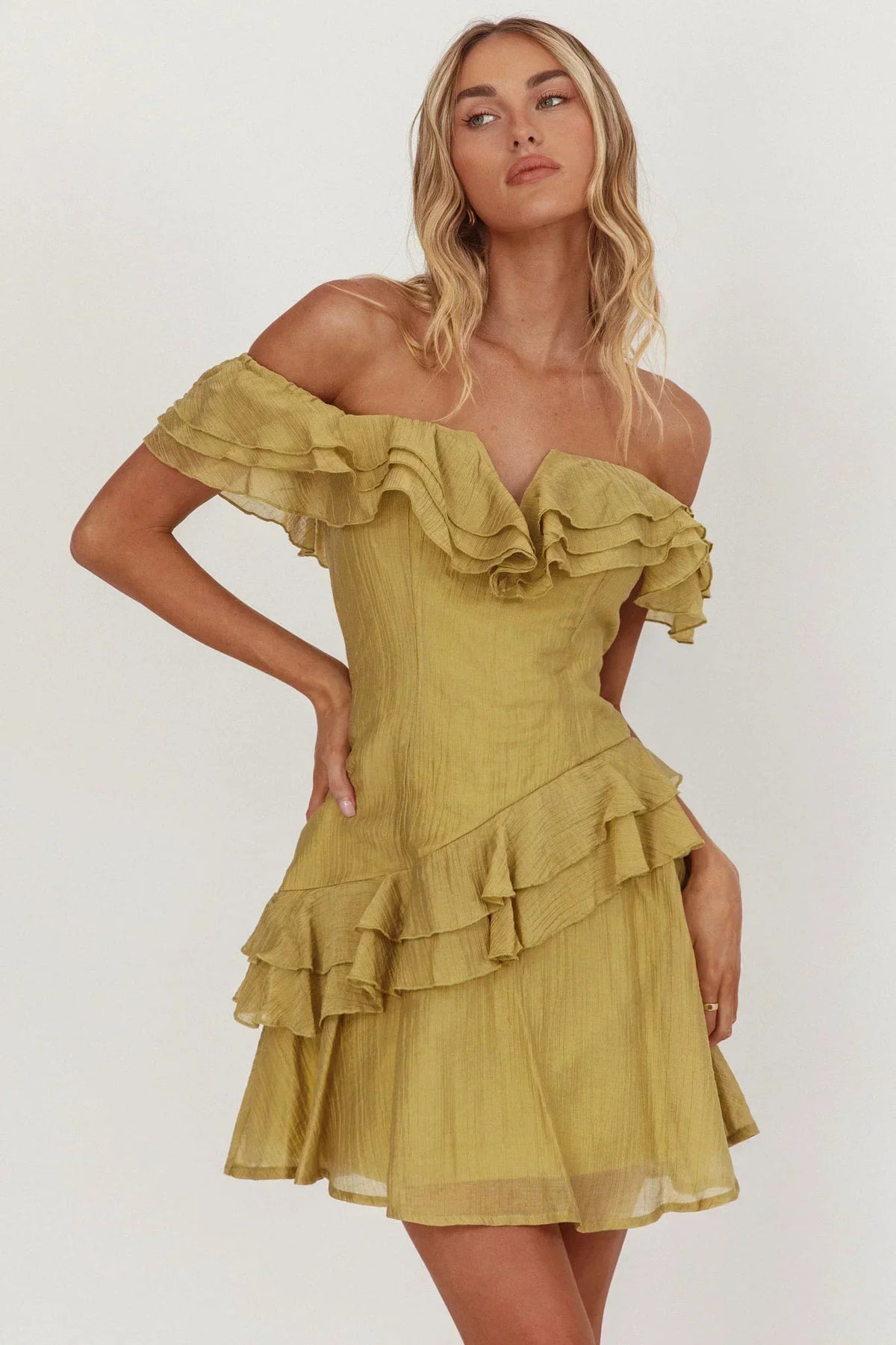 Off Shoulder Layered Ruffle Asymmetric Tiered Mini Dress