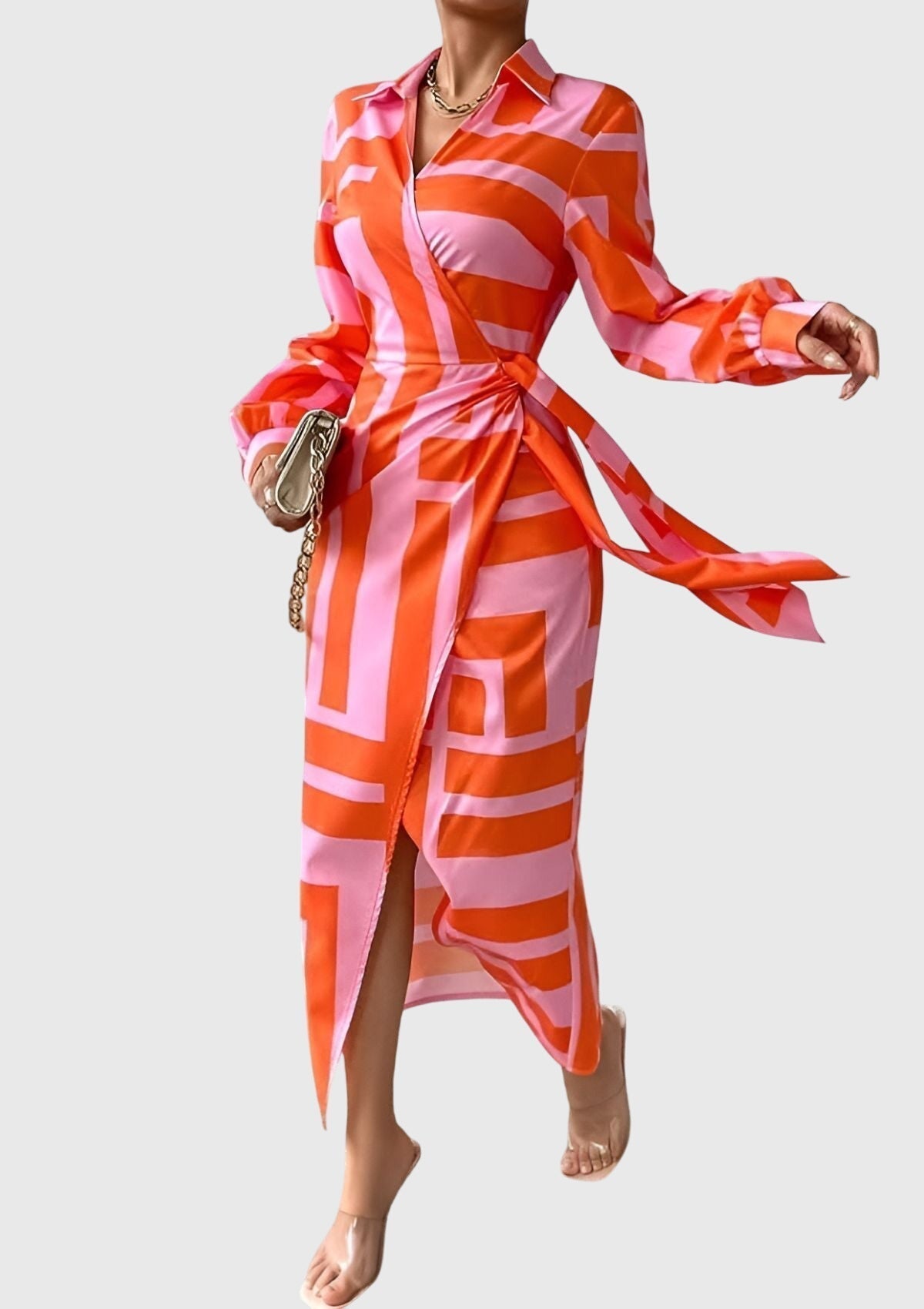 Geometric Print Collared Long Sleeve Wrap Tie Midi Dress 2