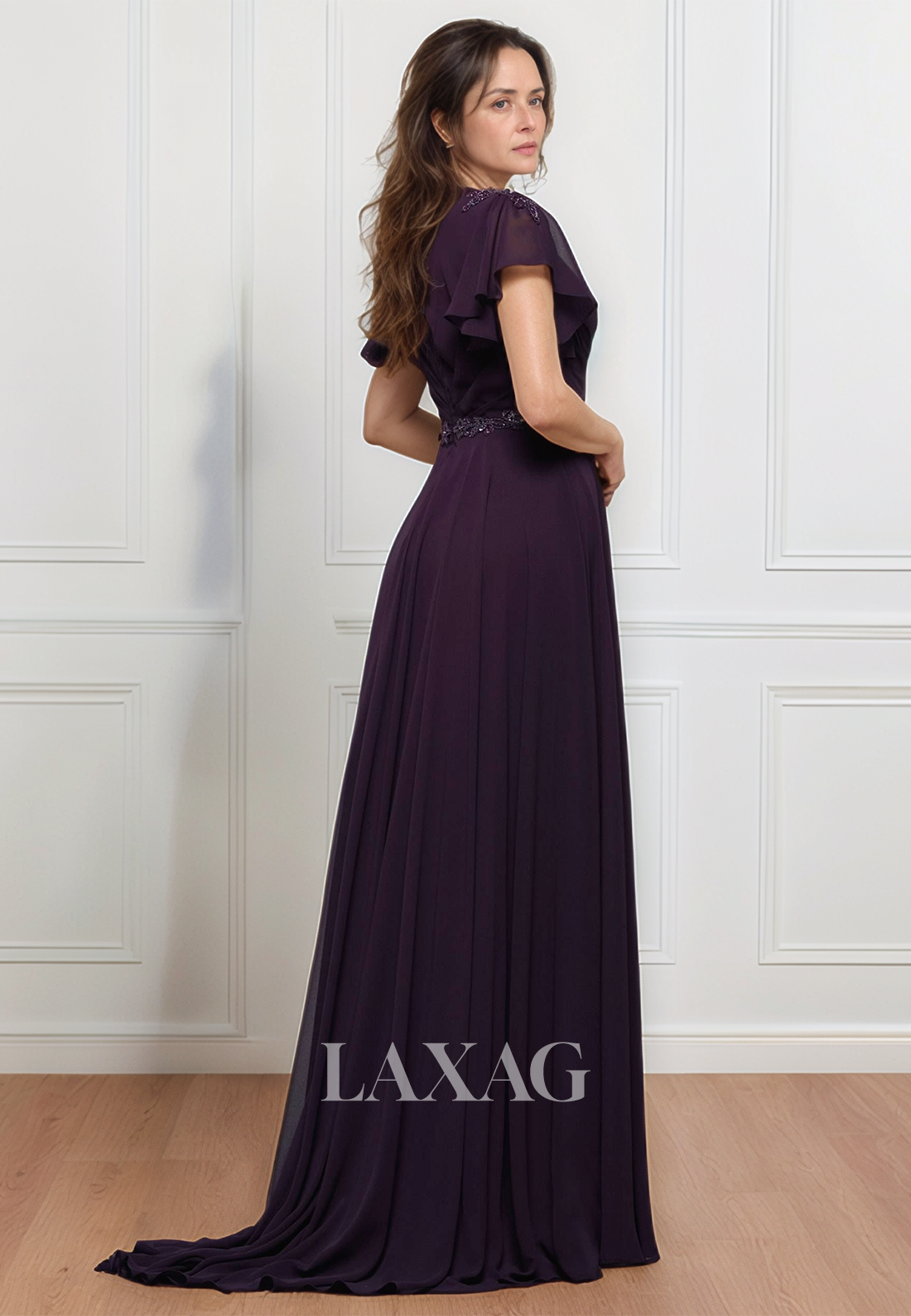 Cap-Sleeves V-Neck Sheer A-Line Mother of the Bride Dress Beaded Pleated Chiffon Cocktail Gowns
