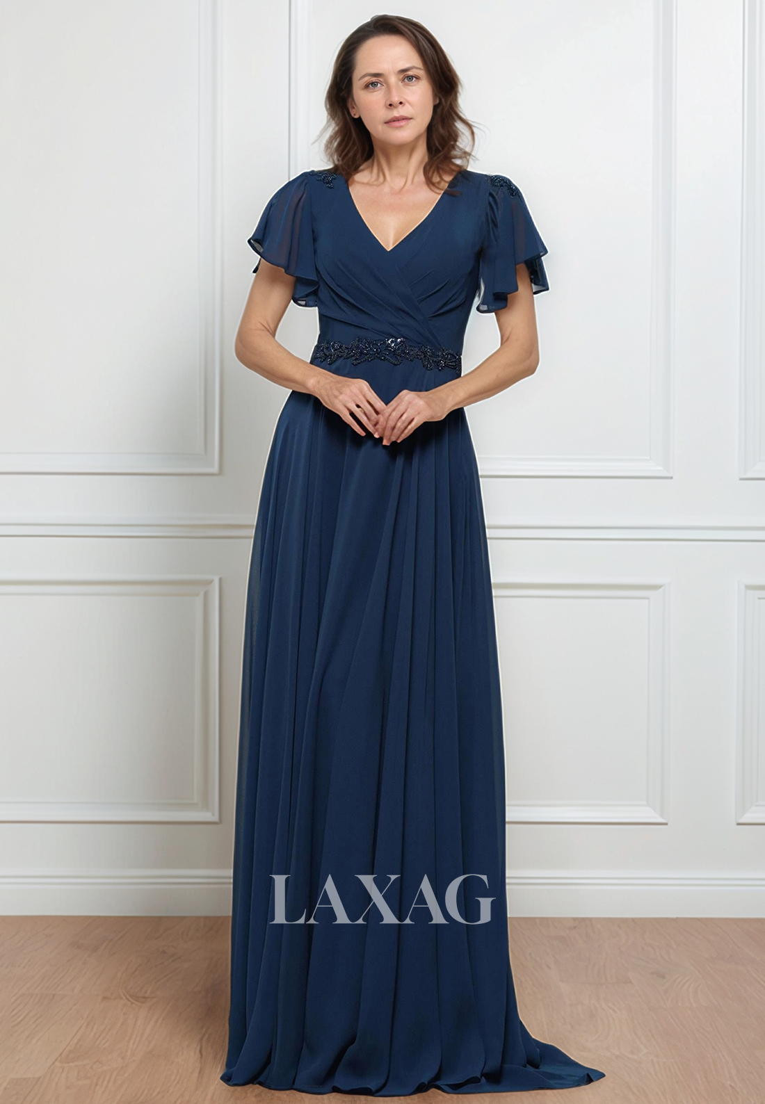 Cap-Sleeves V-Neck Sheer A-Line Mother of the Bride Dress Beaded Pleated Chiffon Cocktail Gowns