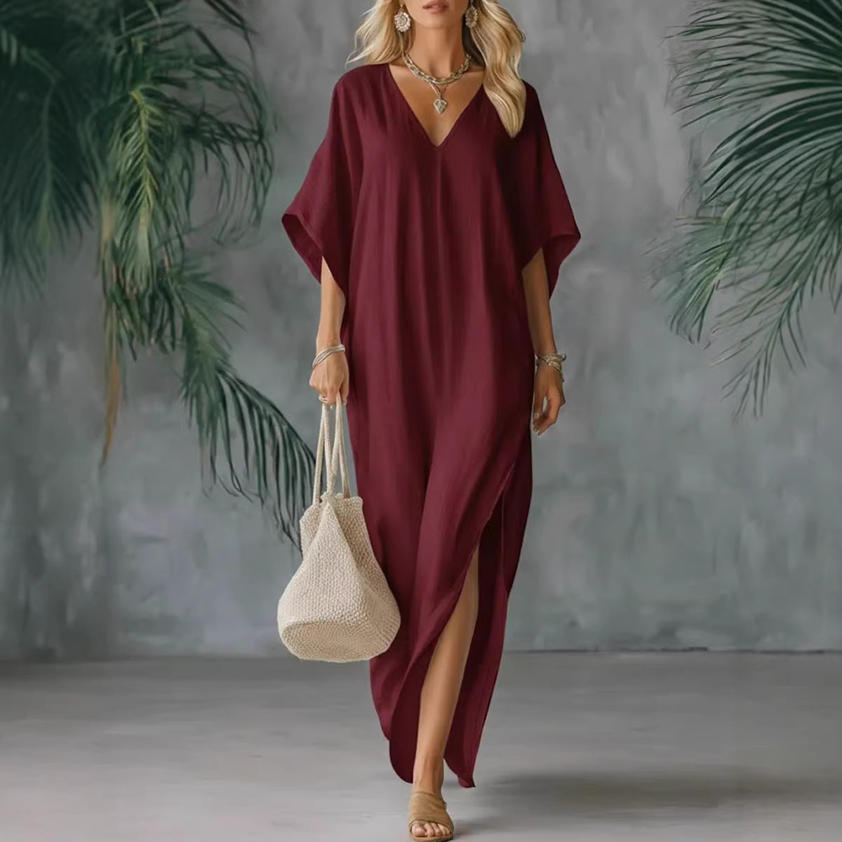 V-Neck Batwing Sleeve High Split Kaftan Maxi Dress Summer 3