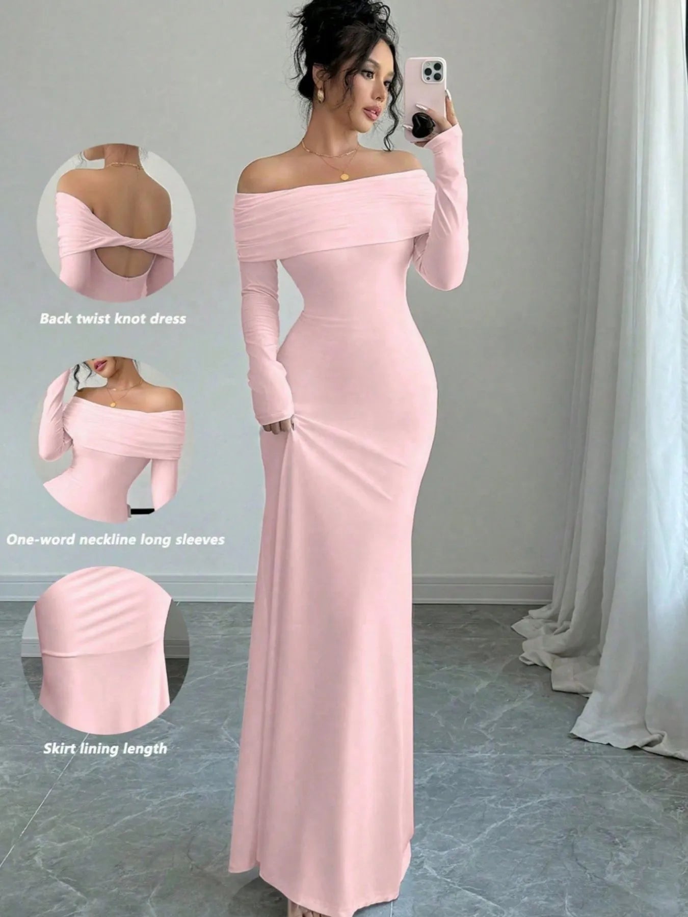 Off-Shoulder Long Sleeve Bodycon Maxi Dress Pink