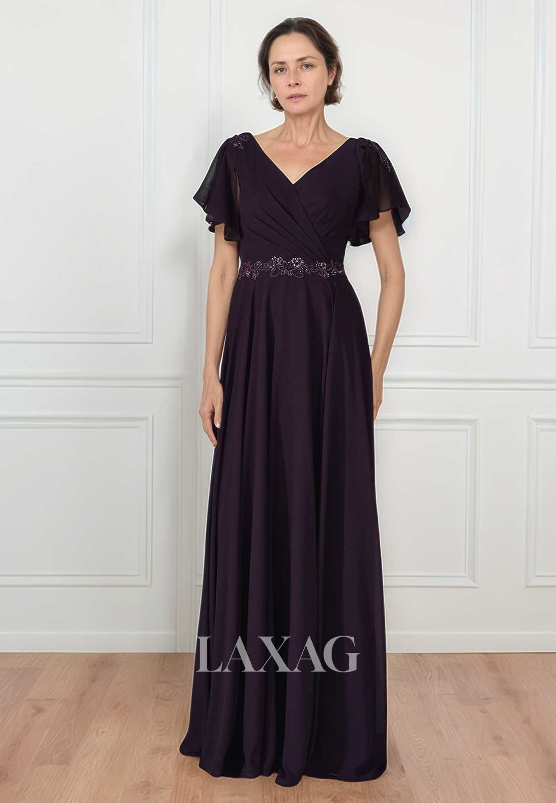 Cap-Sleeves V-Neck Sheer A-Line Mother of the Bride Dress Beaded Pleated Chiffon Cocktail Gowns