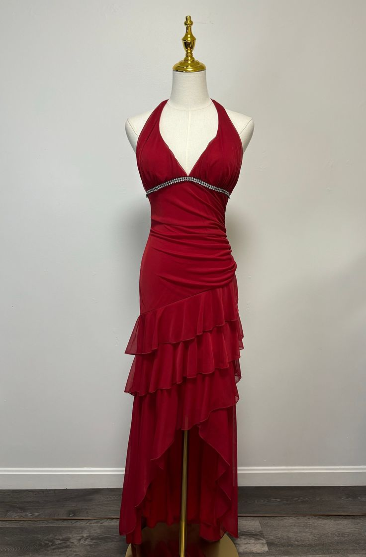 Vintage Red Asymmetrical Ruffle Tiered Halter Formal Prom Dress Evening Dress cc1760