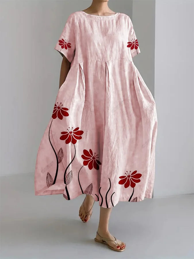 Floral Print Round Neck Short Sleeve Oversized Midi Dress