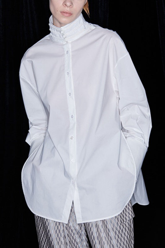Cotton Mandarin Collar Long Sleeve Top