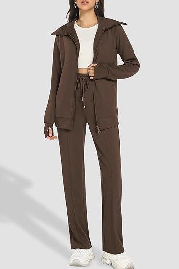 Wide Collar Zip Front Jacket and Drawstring Straight Leg Pants Two Piece Set