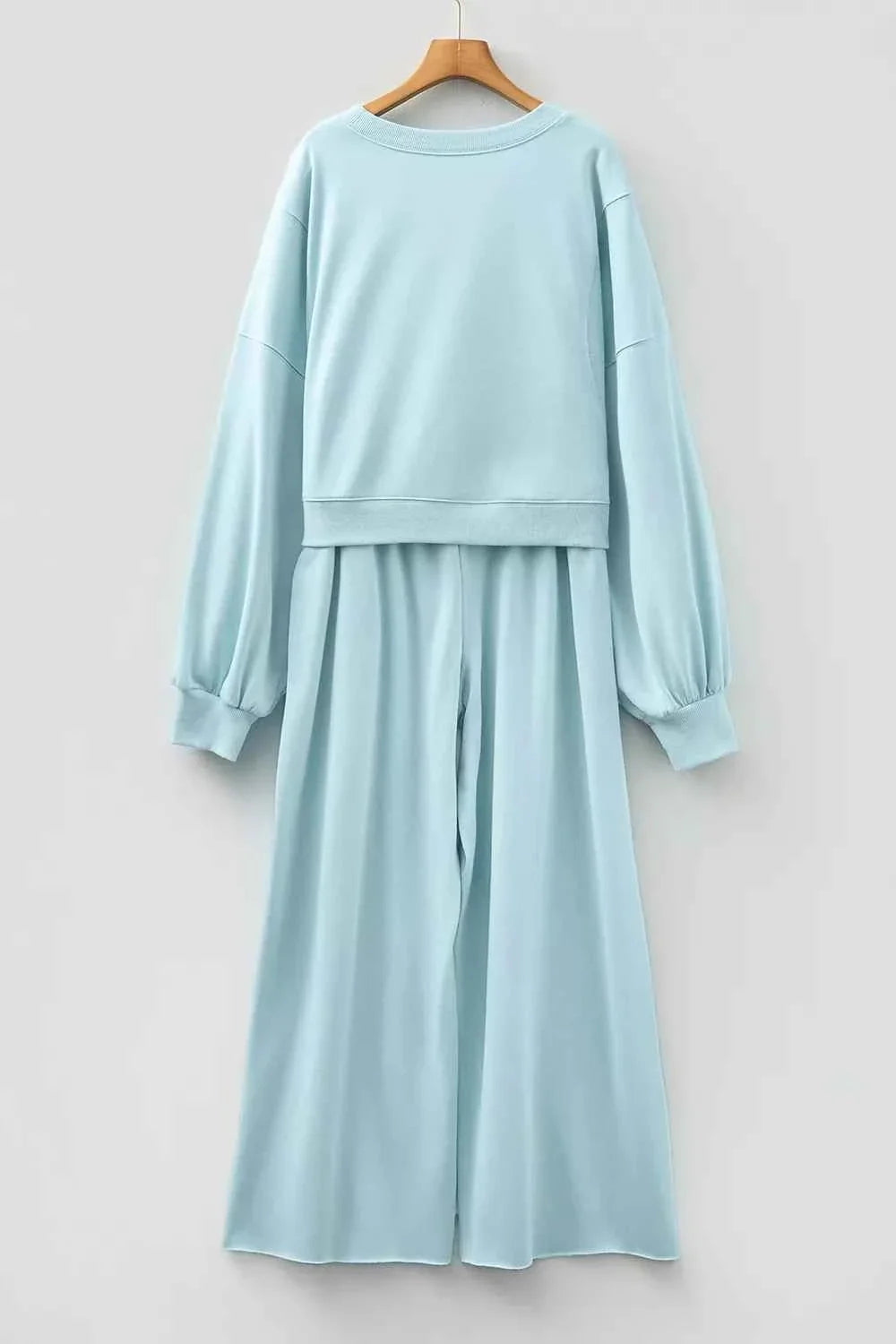Drop Shoulder Puff Sleeve Crop Pullover Drawstring Wide Leg Pants Set