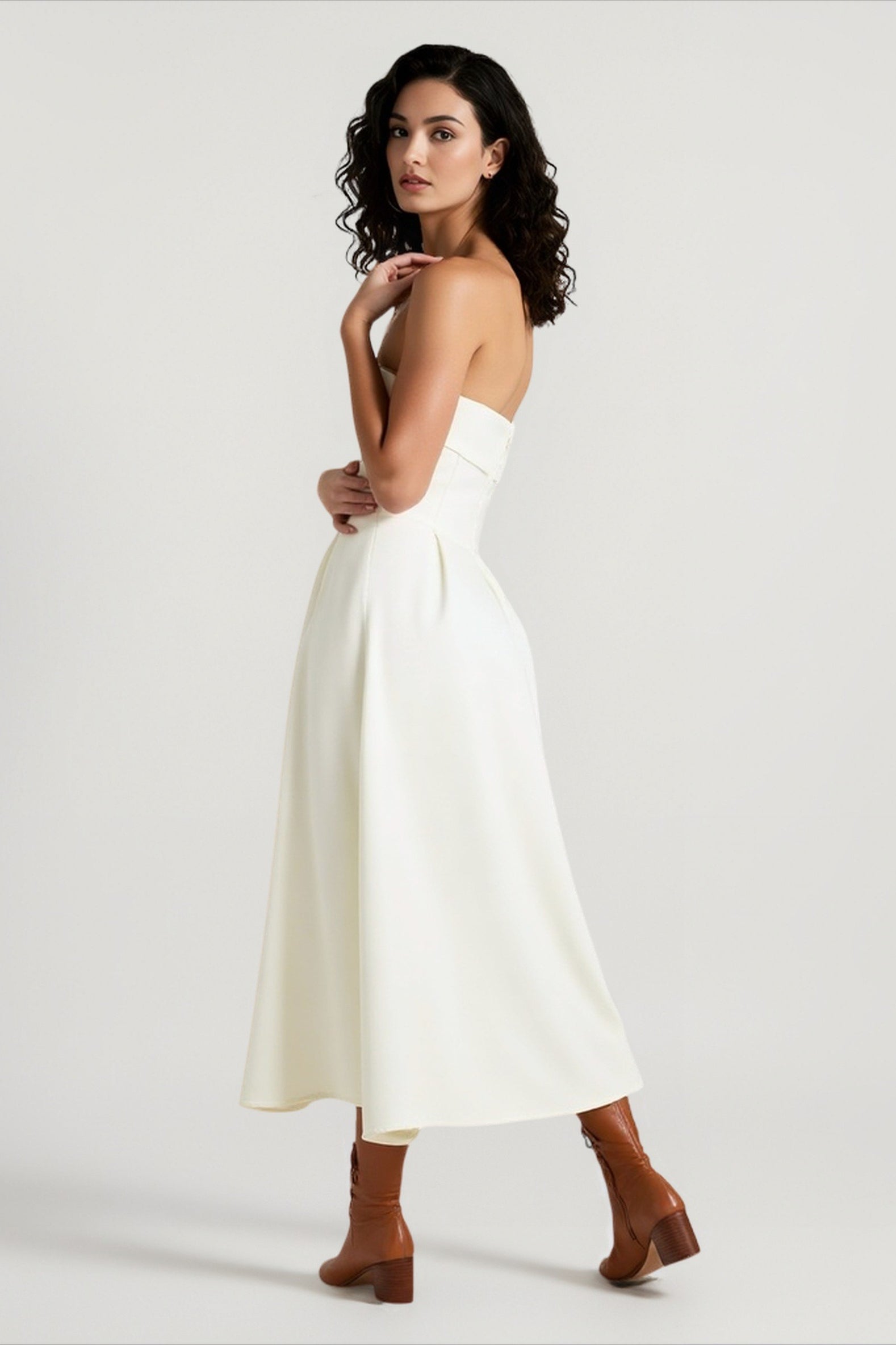 Strapless Fold Over Neck Pleated Fit and Flare Midi Cocktail Dress
