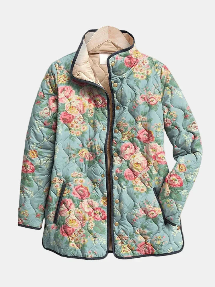 Floral Print Quilted Stand Collar Button Front Jacket
