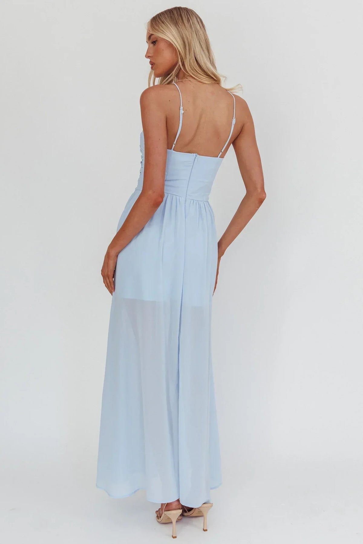 Chiffon Halter Ruched Bodice Basque Waist A-Line Maxi Dress 2