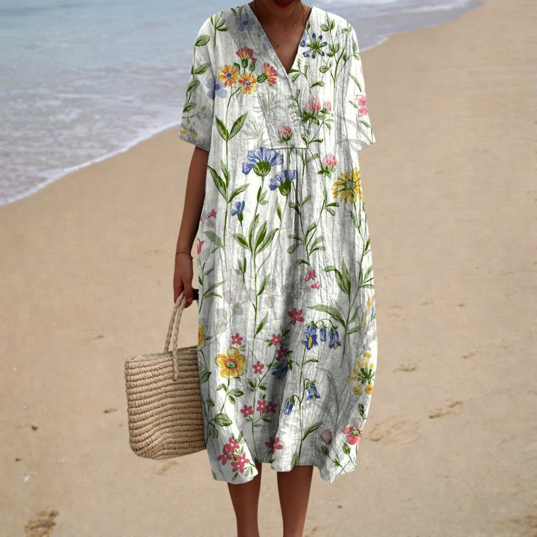 Floral Print V-Neck Short Sleeve Tie Waist Midi Dress