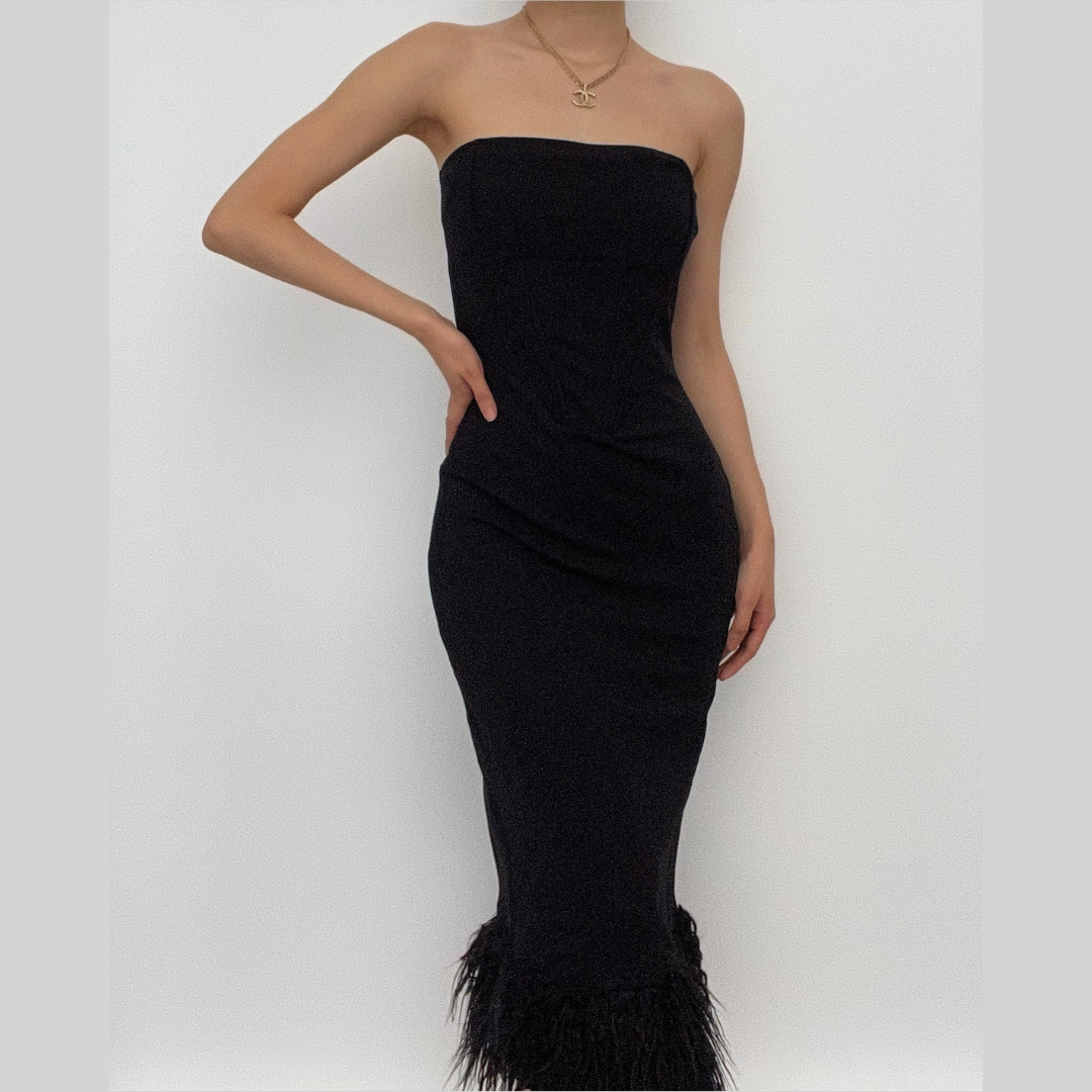 Strapless Feather Trim Hem Bodycon Midi Tube Dress