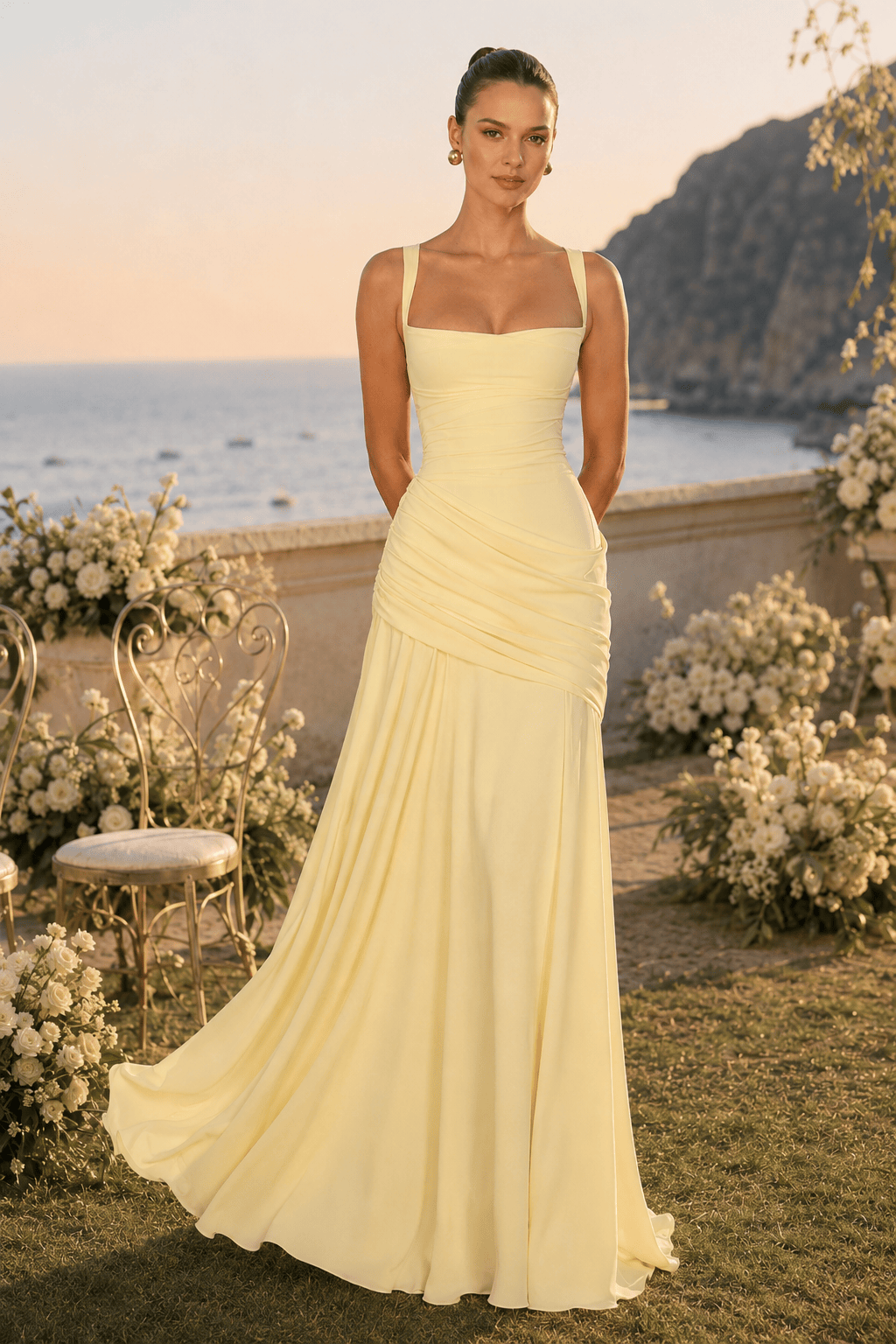 Solid Plunge Ruched Waist Backless Slip Dress