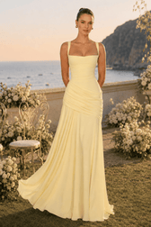 Solid Plunge Ruched Waist Backless Slip Dress