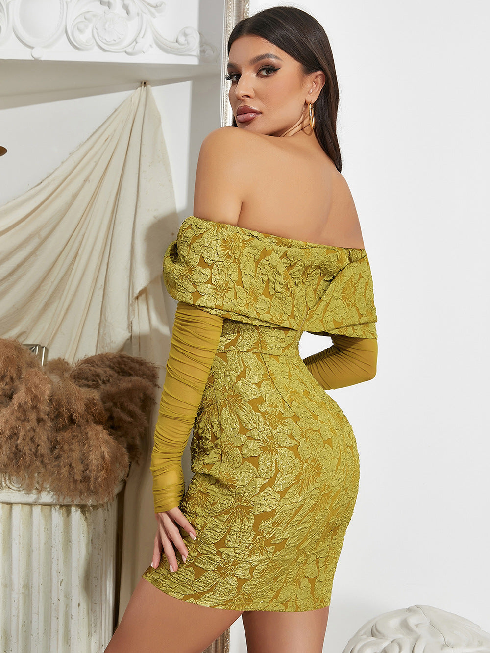 Off Shoulder Floral Jacquard Fold Over Mesh Long Sleeve Ruched Mini Dress 2