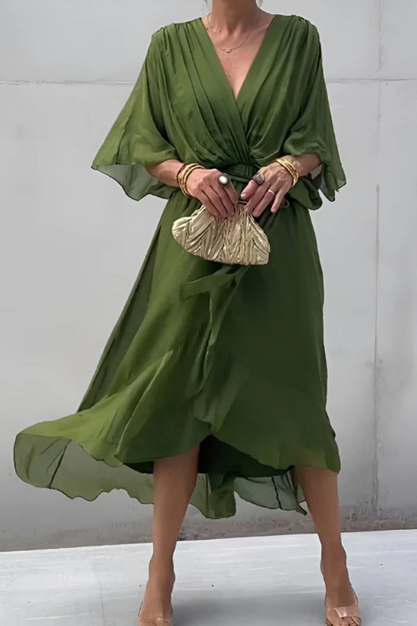 V-Neck Batwing Sleeve Wrap Tie Waist Asymmetric Hem Chiffon Midi Dress
