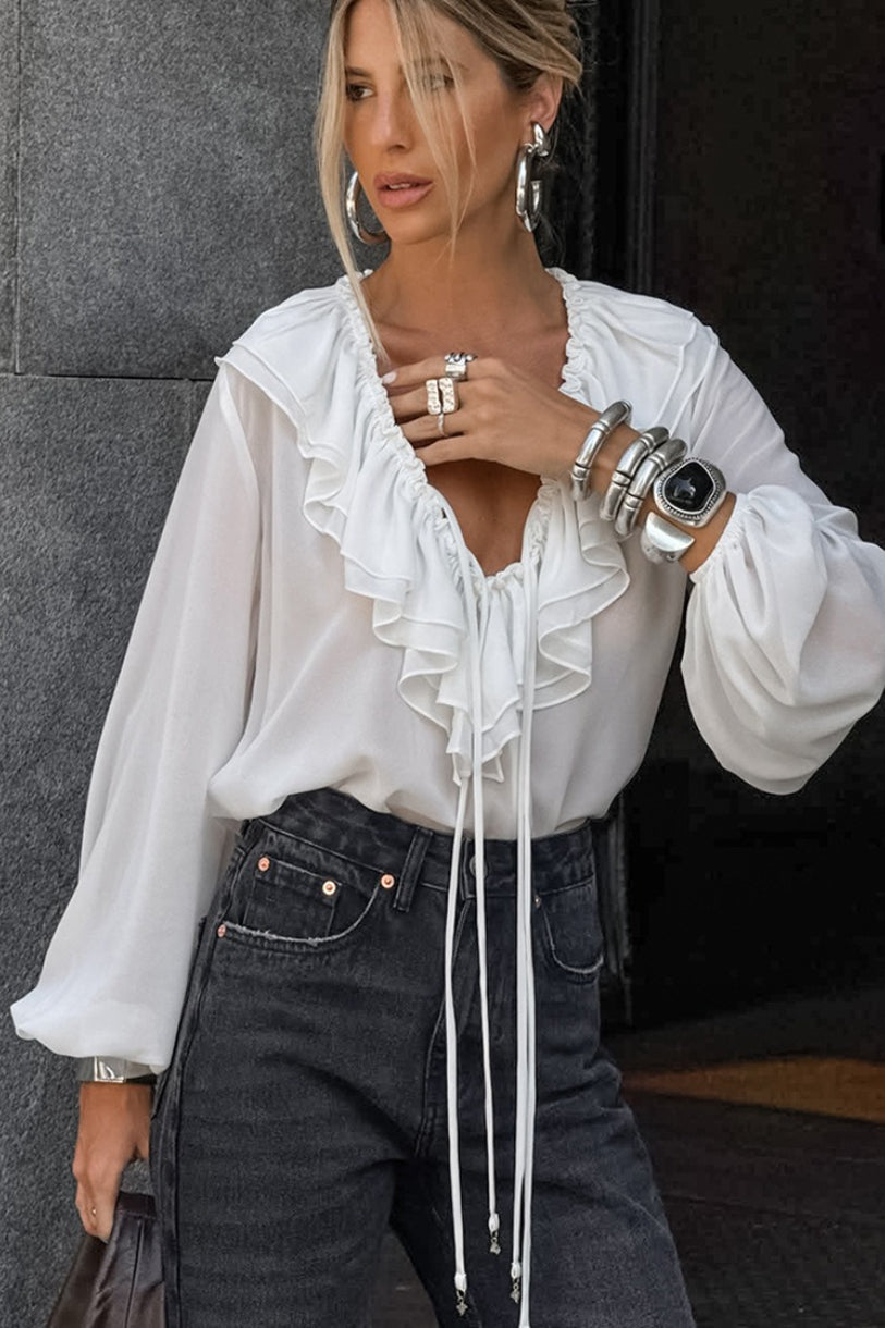 V-Neck Tiered Ruffle Collar Tie Front Balloon Sleeve Blouse 3
