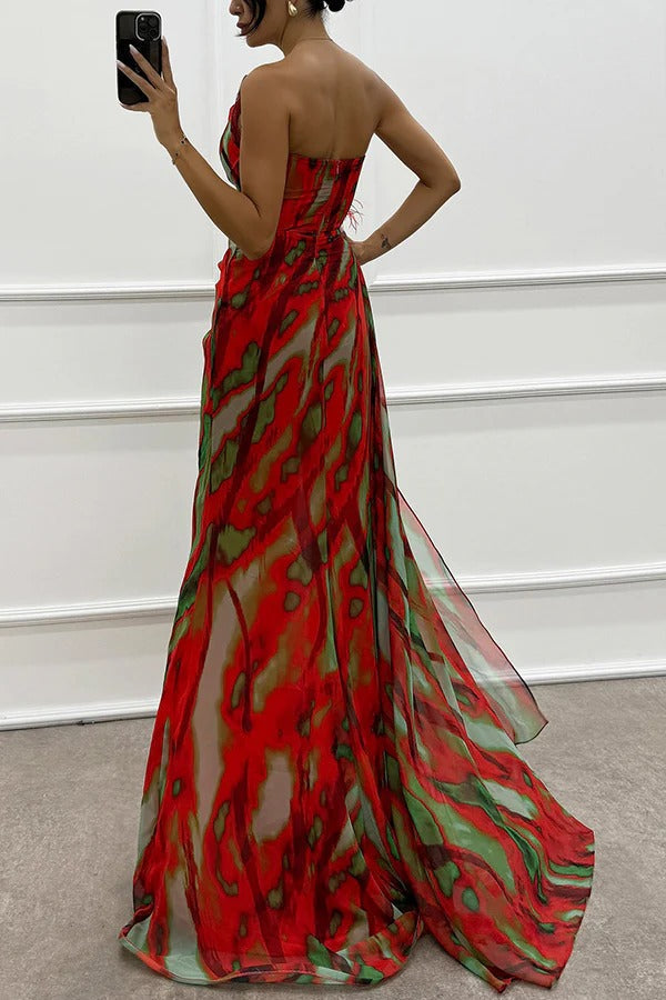 Watercolor Print One Shoulder Feather Trim High Split Maxi Dress 11