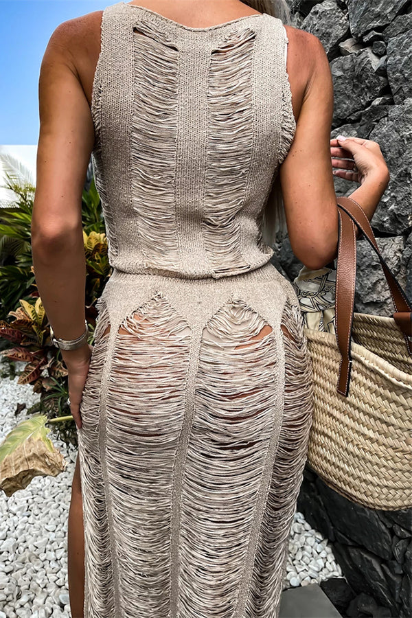 Shadow By The Sea Knit Hollow Out Tank and Elastic Waist Maxi Skirt Set