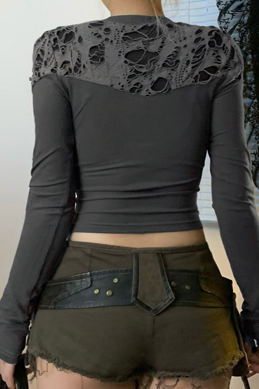 Y2K Gothic Irregular Mesh Panel Cutout OffShoulder Crop Top
