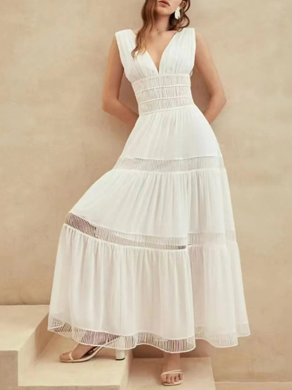 Deep V-Neck Sleeveless Smocked Waist Ladder Trim Tiered Maxi Dress