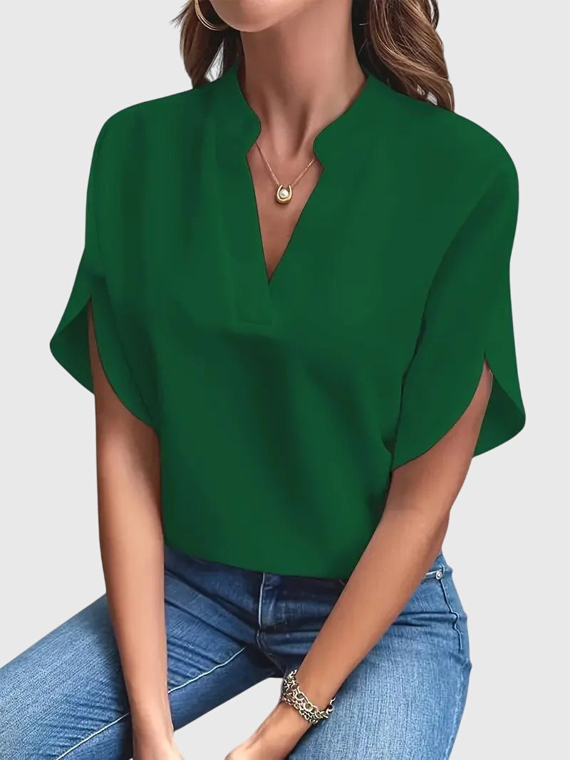 Split Neck Short Dolman Sleeve Satin Blouse