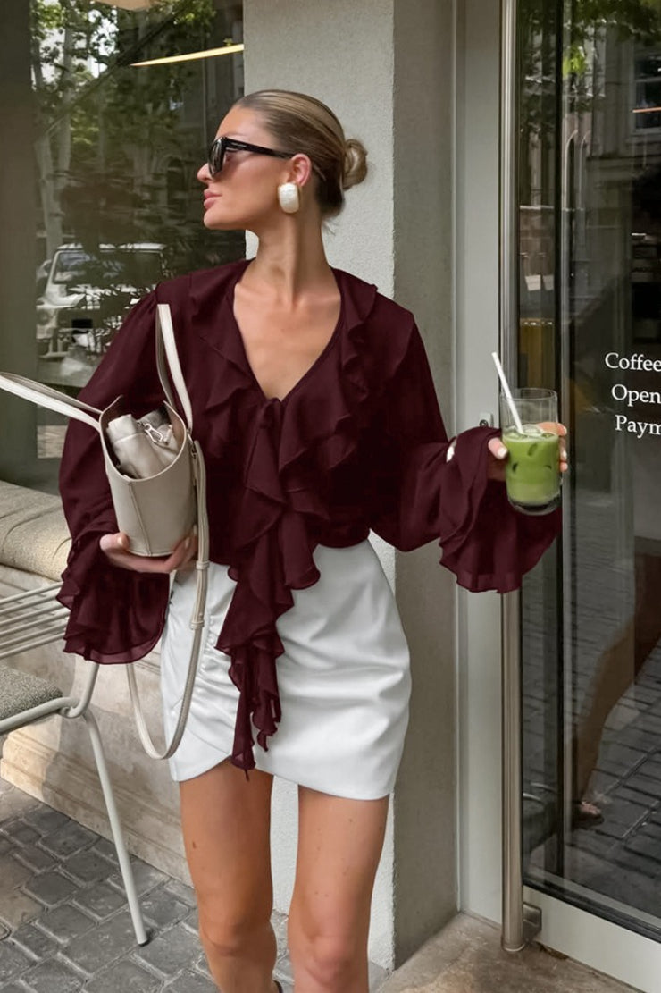 Deep V-Neck Cascading Ruffle Front Flare Sleeve Chiffon Blouse