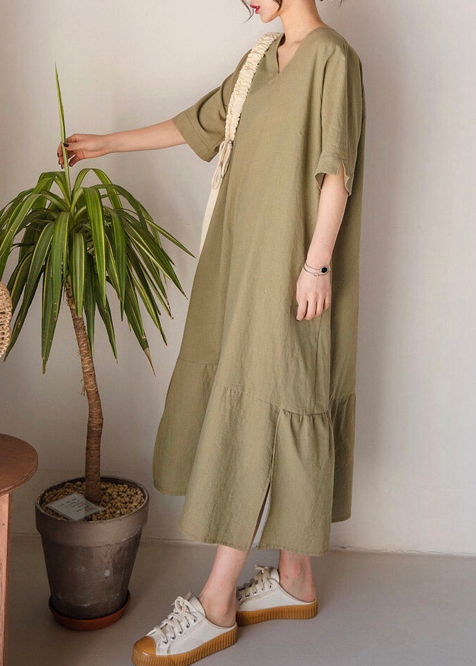V-Neck Short Sleeve Side Slit Paneled Seam Loose Midi Dress
